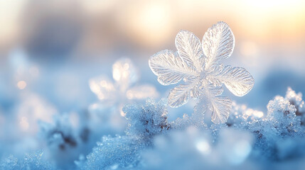 delicate snowflake against a blurred, sparkling blue background, showcasing its intricate crystalline structure and seasonal beauty.
