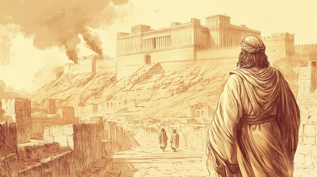 of the Prophet Jeremiah walking away from the palace in a city torn by turmoil while King Zedekiah watches on in despair   A minimalist historical biblical sketch artwork on a plain beige background