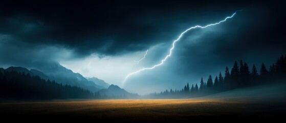 Dramatic landscape featuring a lightning bolt illuminating a dark stormy sky over misty mountains.