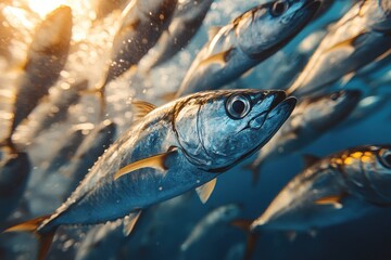 High-Definition Photograph of a Large School of Mackerel Fish Swirling in the Deep Blue Ocean with Sunlight Shining Through

