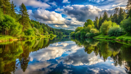 Obraz premium lake in the mountains. water, lake, sky, landscape, river, nature, reflection, forest, summer, blue, tree, green, clouds, trees, cloud, pond, scene, outdoors, sun, beauty, beautiful, tranquil, view, p