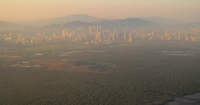 Ghansoli, Navi Mumbai, Maharashtra, India. Mumbai Metropolitan Region. Aerial View From Airplane Window On View of the Mumbai suburb district. Evening morning sunset sunrise light. residential