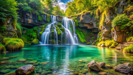 waterfall in the forest. waterfall, water, nature, river, cascade, forest, stream, landscape, falls, rock, fall, green, park, flowing, spring, stone, wet, creek, flow, tree, travel, rocks, fresh, moun