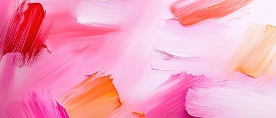Abstract brush strokes in pink and orange hues on a white background create a vibrant and artistic atmosphere.