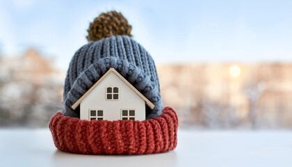 house in winter - heating system concept and cold snowy weather with model of a house wearing a knitted cap