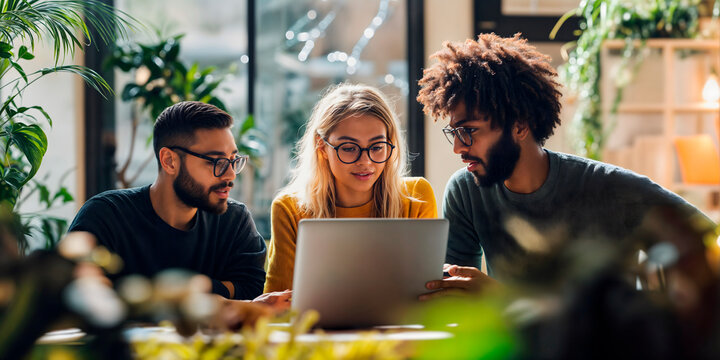 Group of young work collegues in a meeting with a laptop computer sharing ideas in a relaxed office environment