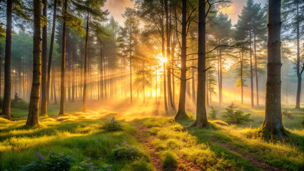 Obraz premium sunrise in the forest. forest, autumn, trees, fall, nature, tree, landscape, woods, park, leaves, sun, path, foliage, light, leaf, season, wood, yellow, misty, green, fog, woodland, orange, mist, road