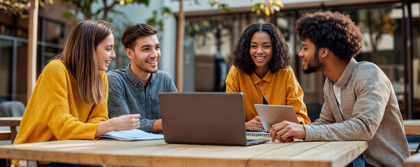 Group of young work collegues in a meeting with a laptop computer sharing ideas in a relaxed office environment
