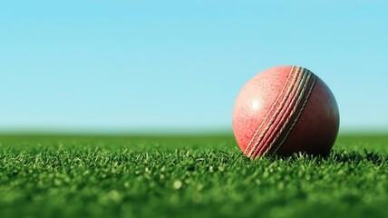A close-up of a pink cricket ball resting on vibrant green grass under a clear blue sky, ideal for a game of cricket.