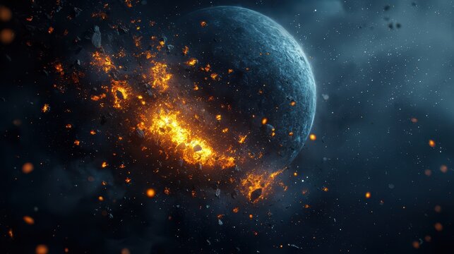 Catastrophic cosmic event with exploding planet fragments
