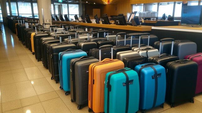 A row of luggage suitcases lined up in an airport terminal
