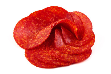Obraz premium Spanish pork chorizo sausage slices, close-up, isolated on white background.