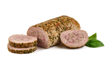 Herb-coated meat roll, isolated on white background.