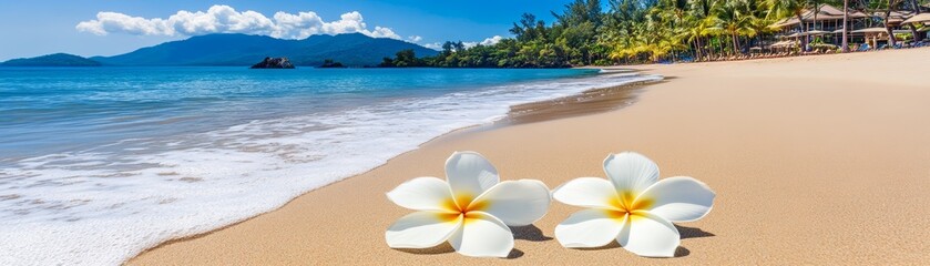 Serene coastal beauty, white flowers bloom on a sandy beach with majestic mountain backdrop