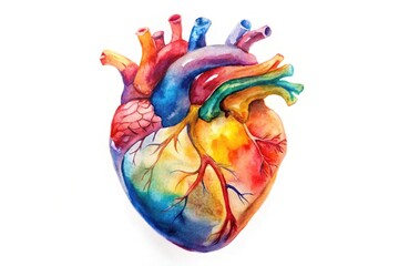 Macro colorful heart anatomy watercolor on white background