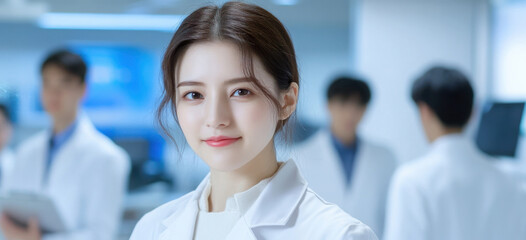 Fototapeta premium Female scientist or medical professional in a laboratory with others working behind the scenes.