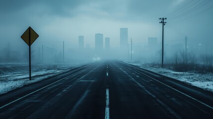 Foggy urban landscape with deserted road and skyline