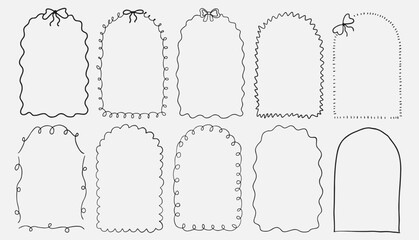 Set of whimsical wavy doodle frames with bows. Border with elegant outline loop for greeting cards. Symbol wedding celebration and birthday party decorations
