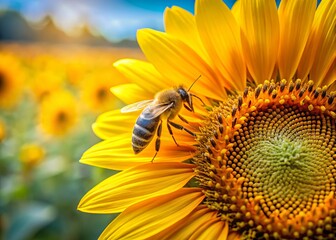 Nestled on a sunflower, a bee collects nectar, its tiny wings shimmering. This enchanting moment highlights nature's exquisite details and captivating colors in a vibrant dance.