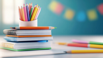 Fototapeta premium Creative workspace with stack of notebooks and colorful markers, perfect for artistic projects and schoolwork. vibrant colors inspire creativity and learning