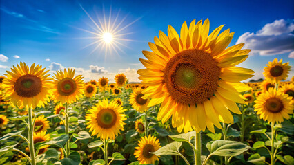 field of sunflowers. sunflower, flower, field, summer, sky, nature, yellow, agriculture, sun, blue, plant, green, sunflowers, bright, leaf, blossom, meadow, landscape, flora, sunny, rural, growth, pet