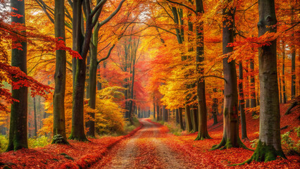 Fototapeta premium autumn in the forest. autumn, forest, fall, nature, trees, tree, landscape, leaves, park, leaf, yellow, woods, foliage, orange, path, wood, season, red, road, trail, colorful, sun, october, golden, ou
