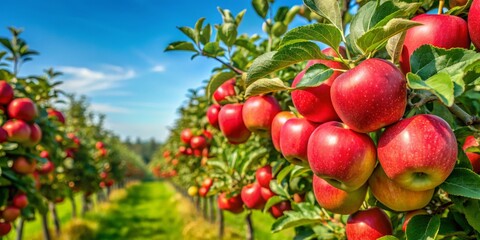 Overhead view of a flourishing orchard, brimming with bright red apples, highlighting nature’s richness and the delightful rewards of a bountiful harvest.