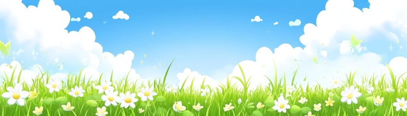 Fototapeta premium Vibrant green grass and colorful flowers under a clear blue sky scenic