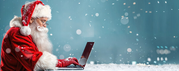 Santa claus using laptop during christmas time