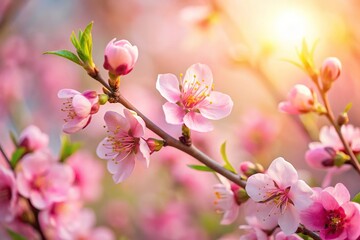 Obraz premium Macro delicate pink peach blossoms blooming in spring sunlight