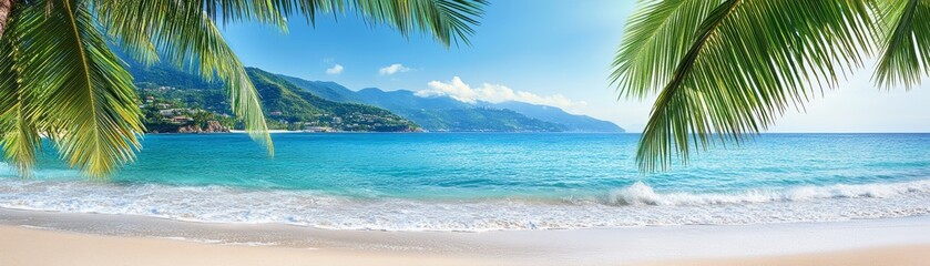 Fototapeta premium Solitary palm tree gracing a pristine beach with azure ocean and endless sky