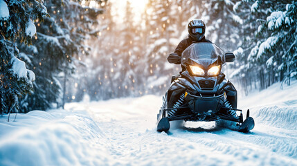Man driving snowmobile on snowy forest road