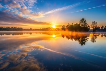 Fototapeta premium Macro early morning sunrise reflected on lake