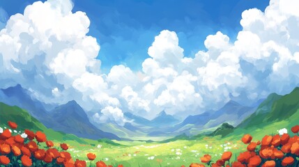 A colorful tapestry of nature, wildflowers in bloom under cloudy sky