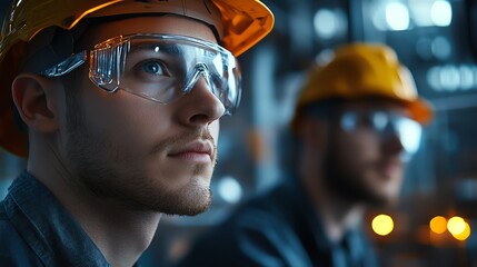 Focused male worker in safety gear, observing workplace environment with determination and professionalism.