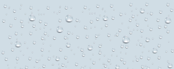 Rain transparent drops flow down the glass.Realistic wet condensation texture.Fresh water splash effect on the surface.Liquid spreading droplet shapes.