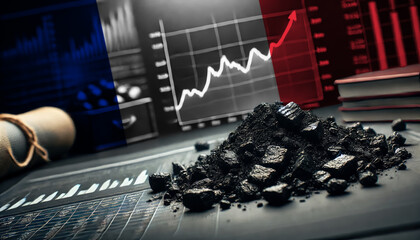 Coal pieces on a table with financial graphs, symbolizing the France coal industry, energy markets, and the intersection of natural resources and economic growth
