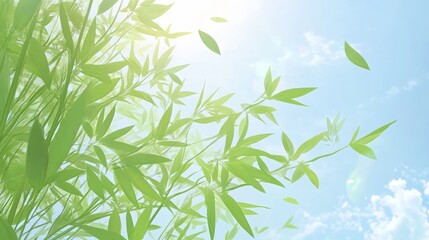 Naklejka premium Sunkissed tranquility, serene green bamboo forest bathing in golden light sun