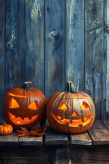 Obraz premium Still life with two shining carved Halloween pumpkins on wooden board surface and background. Concept of Halloween celebration, Trick or Treat and season.