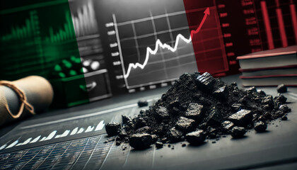 Coal pieces on a table with financial graphs, symbolizing the Italy coal industry, energy markets, and the intersection of natural resources and economic growth
