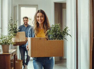 Happy young couple is carrying boxes and plants into their new home
