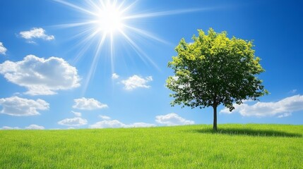 Fototapeta premium Solitary tree in verdant field, serene landscape of tranquility and natural beauty