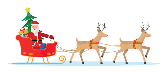 Happy Santa Claus riding on a sleigh with reindeers. Christmas vector illustration.