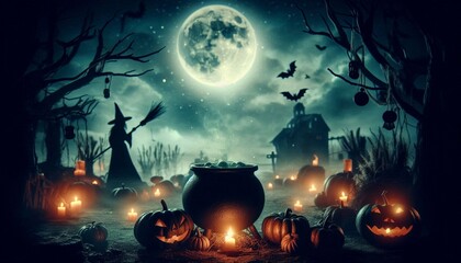 witches cauldron in halloween setting night full moon