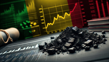 Coal pieces on a table with financial graphs, symbolizing the Mali coal industry, energy markets, and the intersection of natural resources and economic growth
