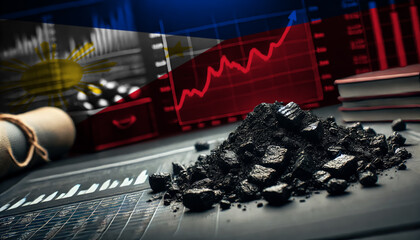 Coal pieces on a table with financial graphs, symbolizing the Philippines coal industry, energy markets, and the intersection of natural resources and economic growth