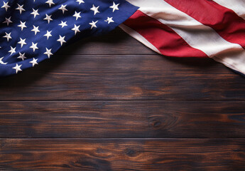 Obraz premium American flag bordering rustic wooden table with copy space
