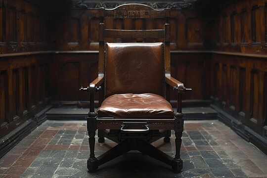 A historic death penalty chair located in a courtroom symbolizing capital punishment's legacy