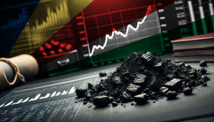Coal pieces on a table with financial graphs, symbolizing the Seychelles coal industry, energy markets, and the intersection of natural resources and economic growth