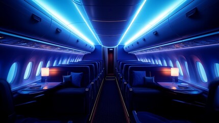 Fototapeta premium Interior View of an Airplane Cabin with Blue Lighting